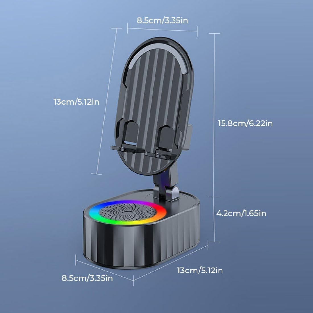 Wireless Induction Audio Bluetooth Speaker 5in1 Phone Holder Emergency Rechargeable (3000mAh) with Colorful Ambient Light 300° Foldable for Tablet, Gifts for Men Women (Black)