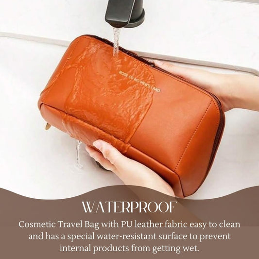 Large Capacity Travel Cosmetic Bag With Handle And Divider - Multifunctional Makeup Bag For Easy Access, Waterproof- (-Brown), 10 Cms