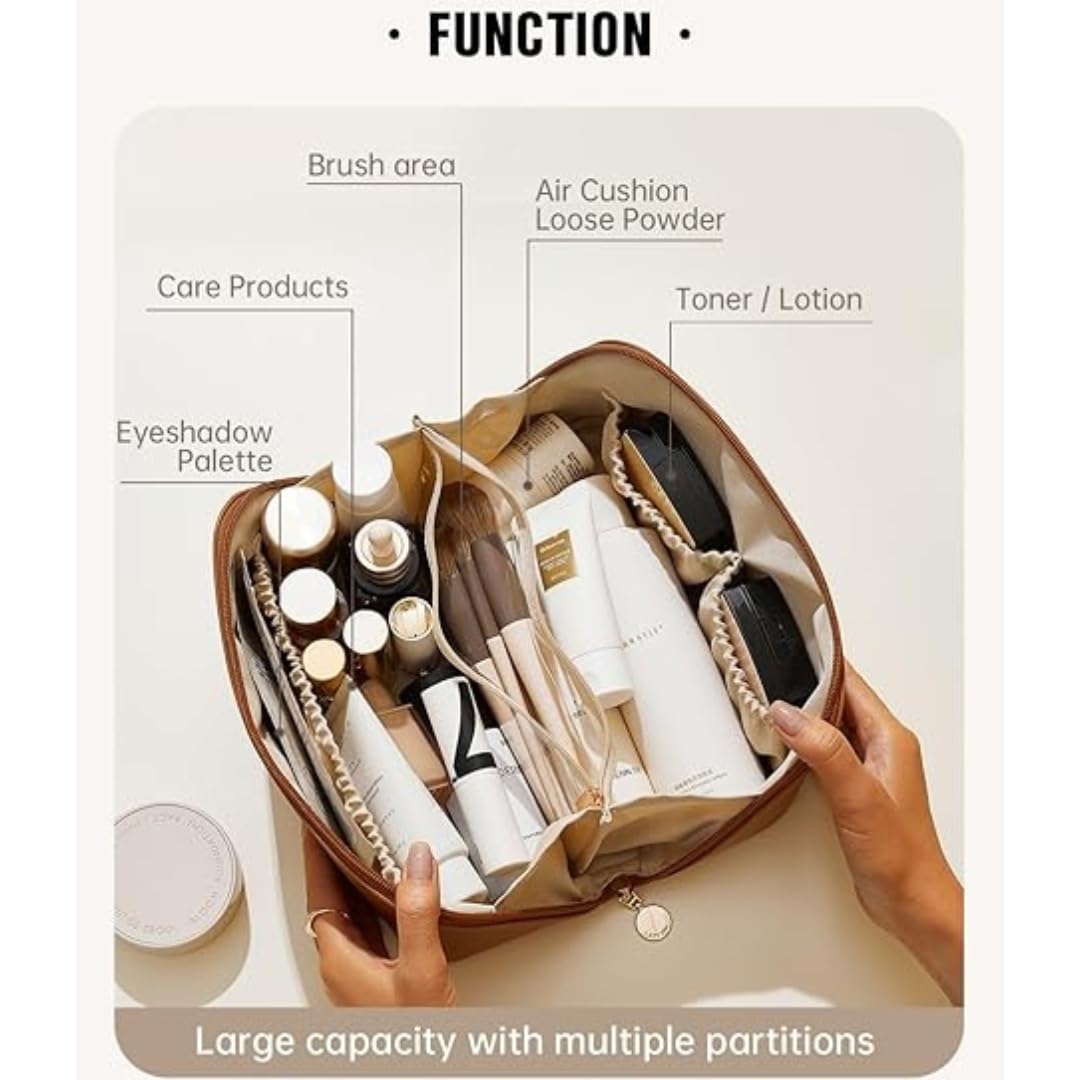 Large Capacity Travel Cosmetic Bag With Handle And Divider - Multifunctional Makeup Bag For Easy Access, Waterproof- (-Brown), 10 Cms