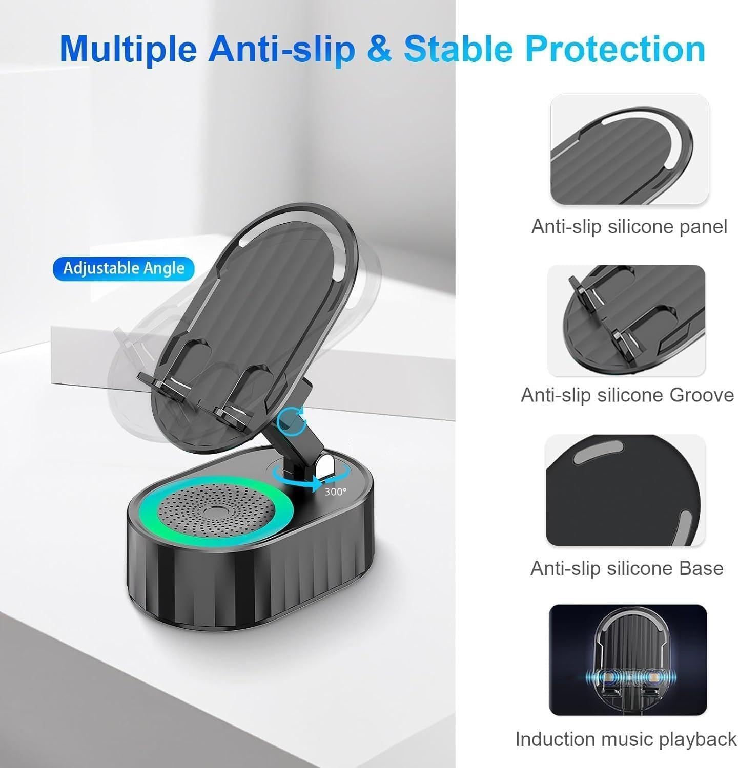 Wireless Induction Audio Bluetooth Speaker 5in1 Phone Holder Emergency Rechargeable (3000mAh) with Colorful Ambient Light 300° Foldable for Tablet, Gifts for Men Women (Black)