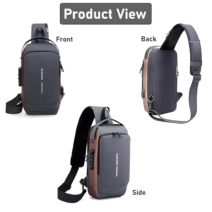 Waterproof Polyester Slim Unisex Crossbody Sling Bag Chest Backpack Men's Shoulder Bag, Leisure Travel Handbag, Hard Shell Anti-Theft Chest Bag, GREY COLOUR