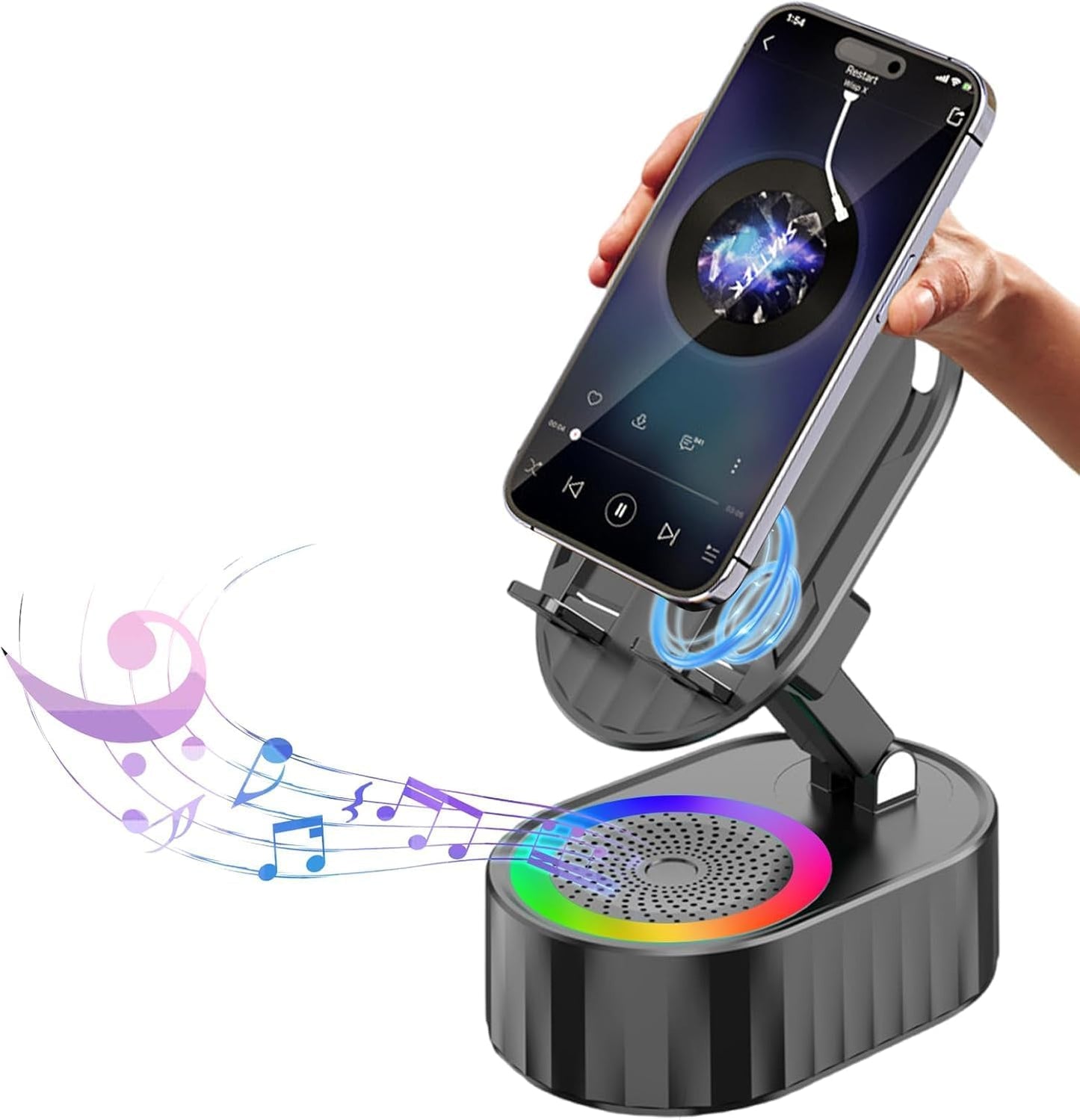 Wireless Induction Audio Bluetooth Speaker 5in1 Phone Holder Emergency Rechargeable (3000mAh) with Colorful Ambient Light 300° Foldable for Tablet, Gifts for Men Women (Black)