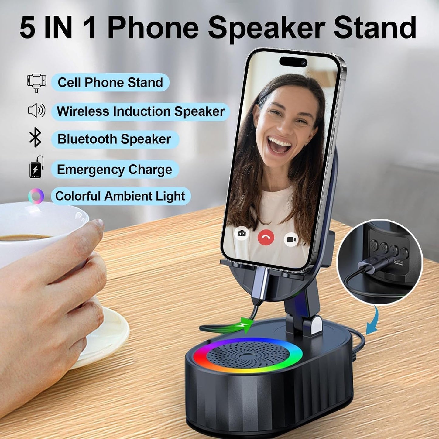Wireless Induction Audio Bluetooth Speaker 5in1 Phone Holder Emergency Rechargeable (3000mAh) with Colorful Ambient Light 300° Foldable for Tablet, Gifts for Men Women (Black)