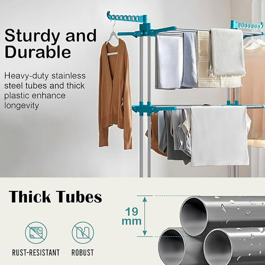 Stainless Steel 4 Tier Big Clothes Drying Stand/Foldable Laundry Rack/Cloth Dryer/Hanger for Clothing/Outdoor/Indoor/Balcony Space Saver for Home (Blue)