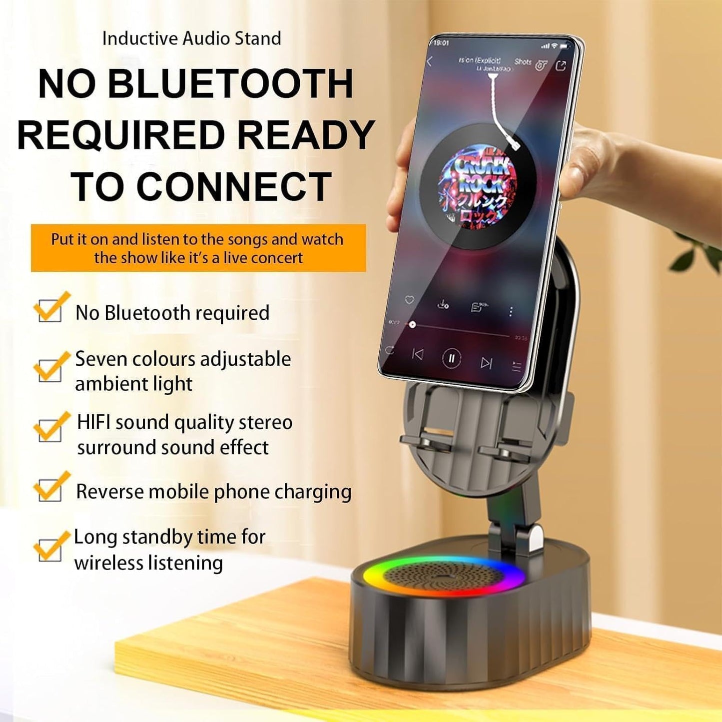 Wireless Induction Audio Bluetooth Speaker 5in1 Phone Holder Emergency Rechargeable (3000mAh) with Colorful Ambient Light 300° Foldable for Tablet, Gifts for Men Women (Black)