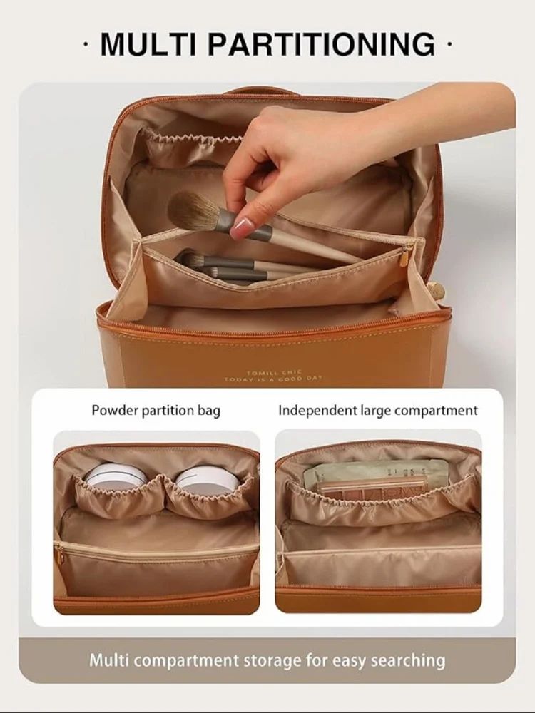 Large Capacity Travel Cosmetic Bag With Handle And Divider - Multifunctional Makeup Bag For Easy Access, Waterproof- (-Brown), 10 Cms