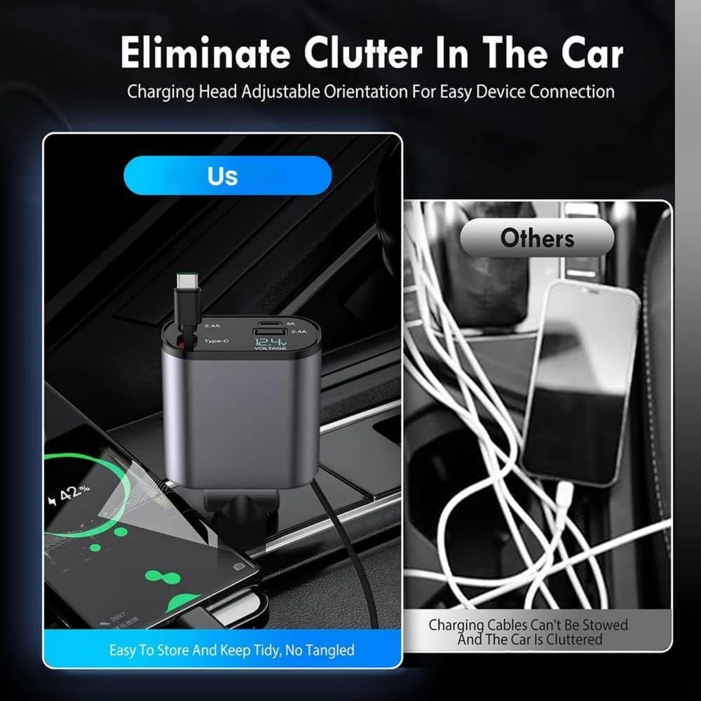120W  4 in 1 Fast Car Charger  with 80CM Retractable Type-C and Lightning  Charging for 4 Devices – Universal Car Mobile Charger for All Smartphones & Tablets