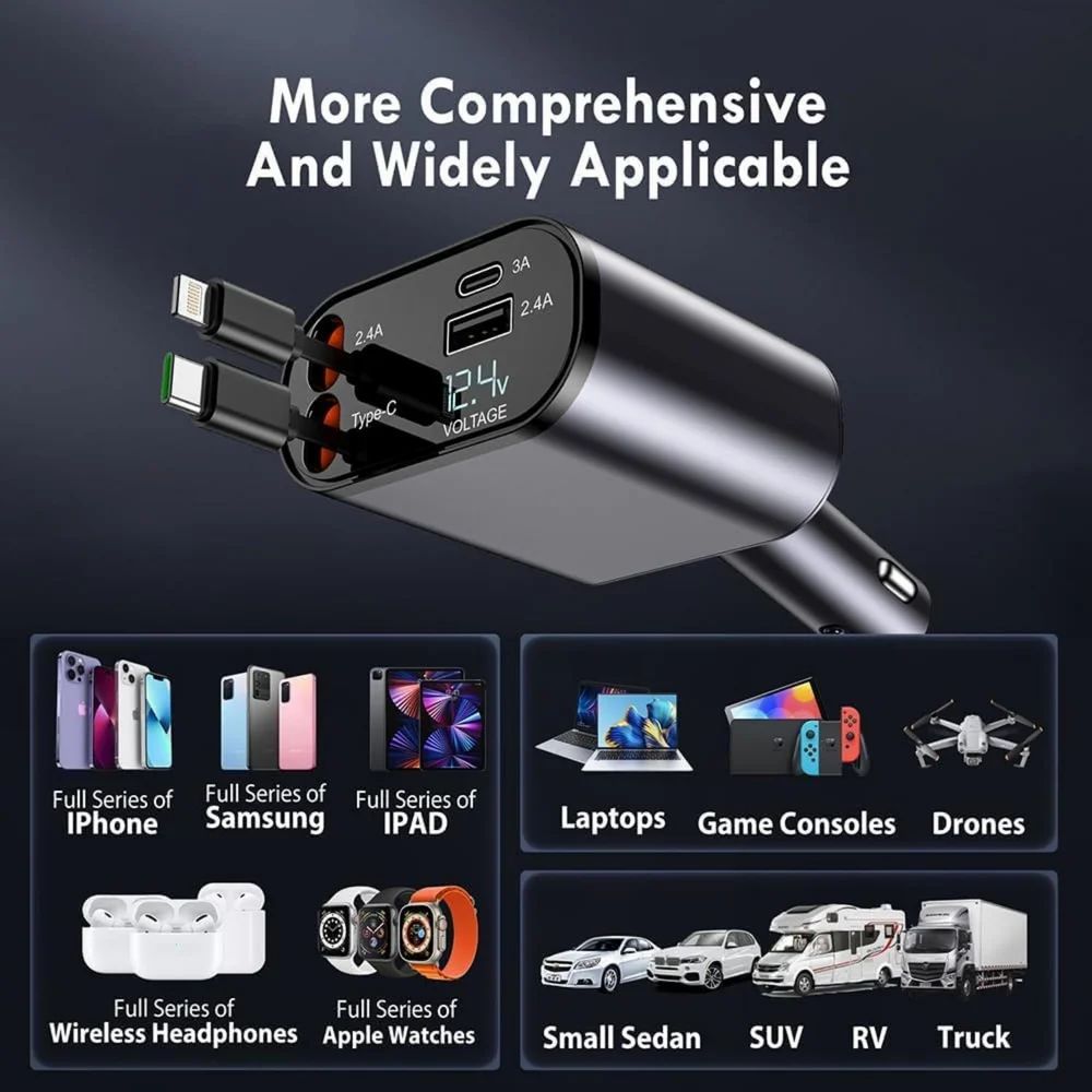 120W  4 in 1 Fast Car Charger  with 80CM Retractable Type-C and Lightning  Charging for 4 Devices – Universal Car Mobile Charger for All Smartphones & Tablets