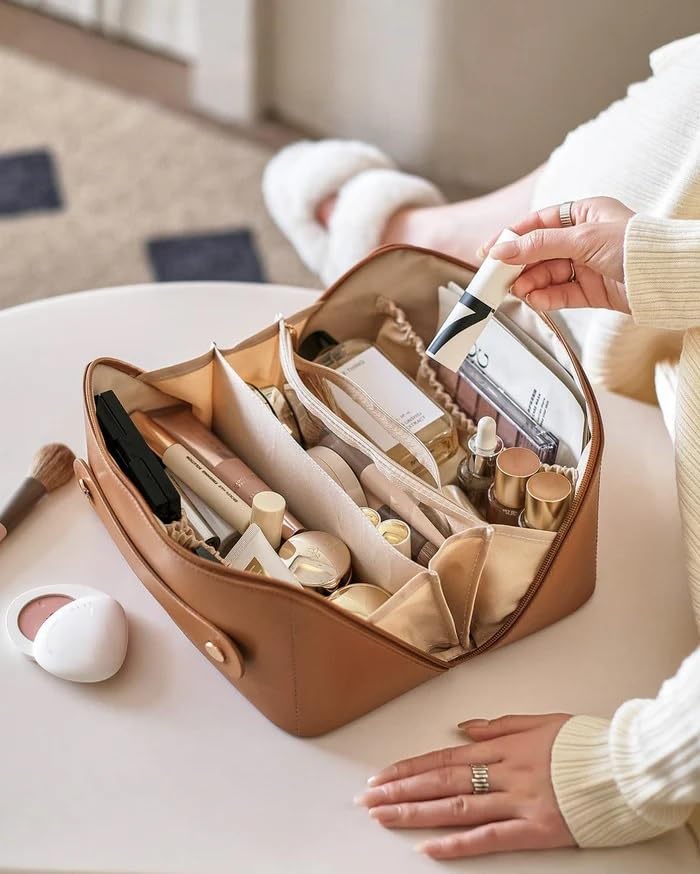 Large Capacity Travel Cosmetic Bag With Handle And Divider - Multifunctional Makeup Bag For Easy Access, Waterproof- (-Brown), 10 Cms