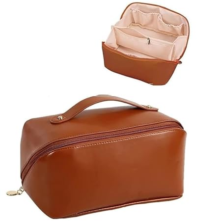 Large Capacity Travel Cosmetic Bag With Handle And Divider - Multifunctional Makeup Bag For Easy Access, Waterproof- (-Brown), 10 Cms