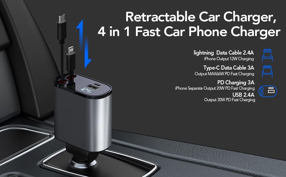 120W  4 in 1 Fast Car Charger  with 80CM Retractable Type-C and Lightning  Charging for 4 Devices – Universal Car Mobile Charger for All Smartphones & Tablets