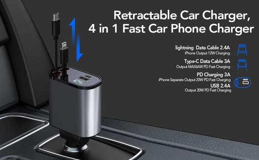 120W  4 in 1 Fast Car Charger  with 80CM Retractable Type-C and Lightning  Charging for 4 Devices – Universal Car Mobile Charger for All Smartphones & Tablets