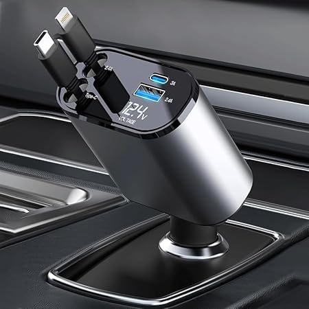 120W  4 in 1 Fast Car Charger  with 80CM Retractable Type-C and Lightning  Charging for 4 Devices – Universal Car Mobile Charger for All Smartphones & Tablets
