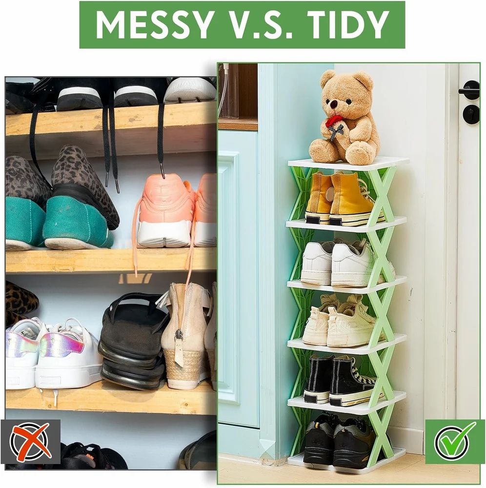 6-Layer Shoe Rack for Home – Stackable & Collapsible Plastic Shoe Organizer Stand | Adjustable Storage Shelf for Footwear, Books & Entryway Use – Multipurpose Space Saver