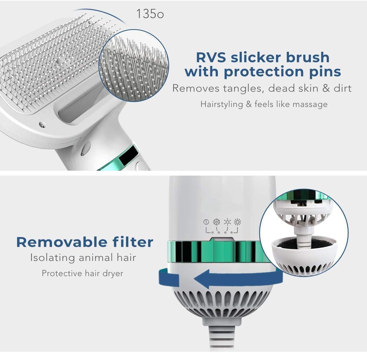 Dog & Cat Hair Dryer Brush | 2 in 1 Pet Grooming Dryer & Comb, Professional Adjustable Temperature