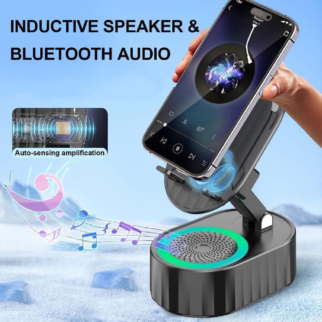 Wireless Induction Audio Bluetooth Speaker 5in1 Phone Holder Emergency Rechargeable (3000mAh) with Colorful Ambient Light 300° Foldable for Tablet, Gifts for Men Women (Black)