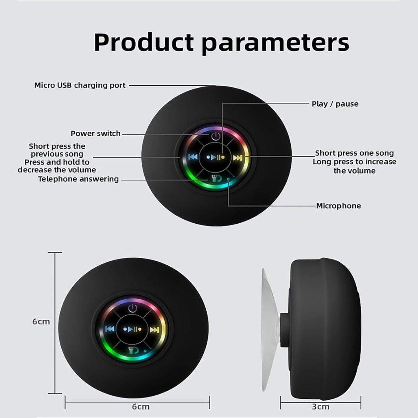 Mini Bluetooth Shower Speaker with Led Light, Portable Ipx4 Waterproof, Shower Wireless Speaker with Suction Cup, Waterproof Mini Bluetooth Speaker, Portable Bluetooth Speakers with Led Light (Black)