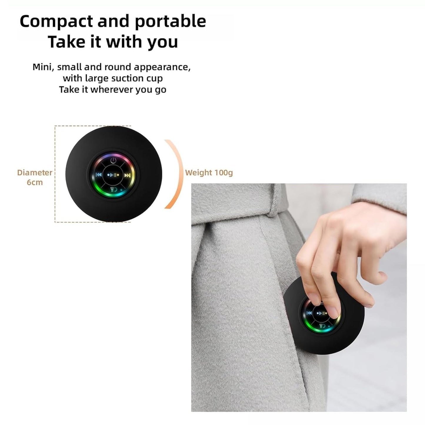 Mini Bluetooth Shower Speaker with Led Light, Portable Ipx4 Waterproof, Shower Wireless Speaker with Suction Cup, Waterproof Mini Bluetooth Speaker, Portable Bluetooth Speakers with Led Light (Black)