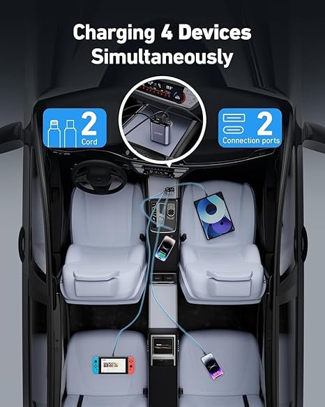 120W  4 in 1 Fast Car Charger  with 80CM Retractable Type-C and Lightning  Charging for 4 Devices – Universal Car Mobile Charger for All Smartphones & Tablets