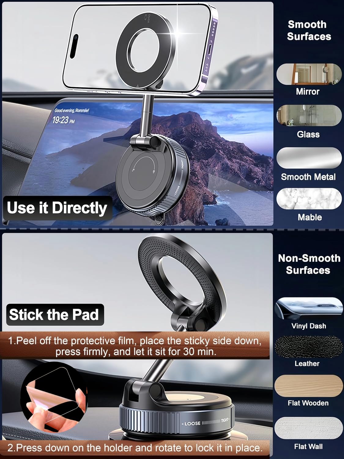360° Vaccum Magnetic Phones Holder, Magnetic Car Phone Mount, Hands-Free Suction Cup Phones Holder for Car/Gym/Mirror/Shower, Car Mount Compatible with All Mobile (Extended)