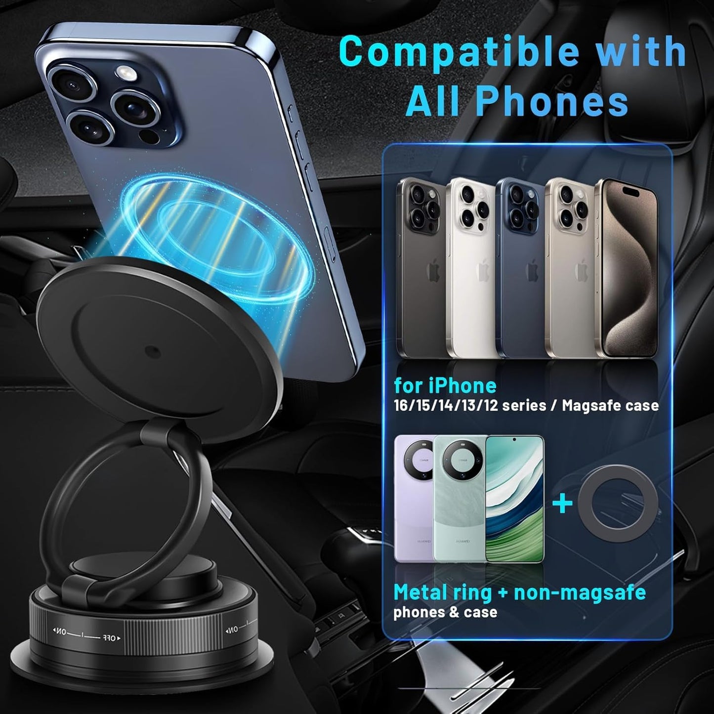 360° Vaccum Magnetic Phones Holder, Magnetic Car Phone Mount, Dashboard Hands-Free Suction Cup Cell Phone Stand for Car/Mirror/Gym/Office/Shower Compatible with Smartphones