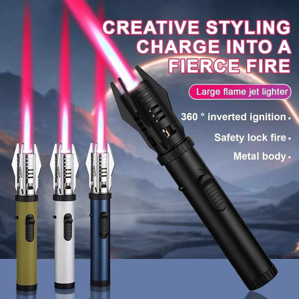 Bright Fire Lighter with Safety Lock & Adjustable Red/Blue Flame. Refillable Butane Gas Windproof Jet Flame Cool Lighters, for Candles Campfires BBQ Baking, Camping