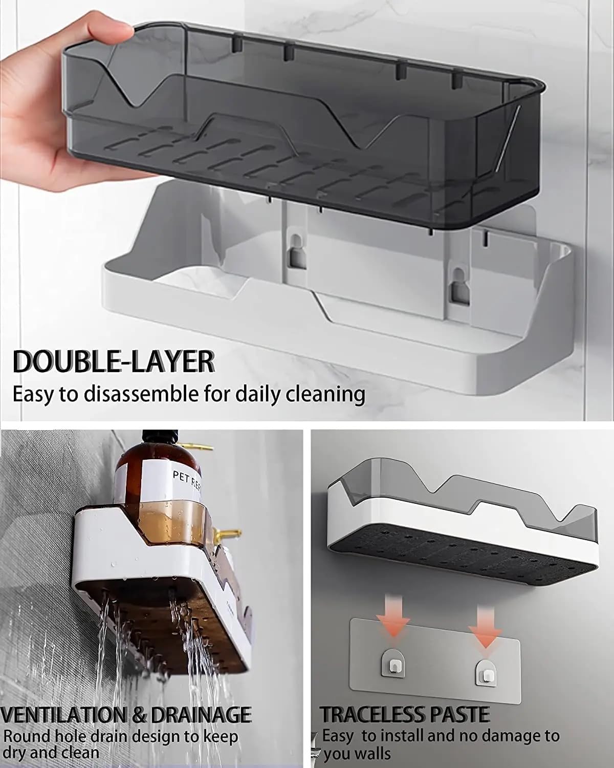 Pack of 2 Self-Adhesive Plastic Bathroom Rack, Bathroom Shelf Organizer, Wall Mounted Shelf, Bathroom Hardware and Accessories, Storage Racks Kitchen Bathroom Accessories Rack Shelf