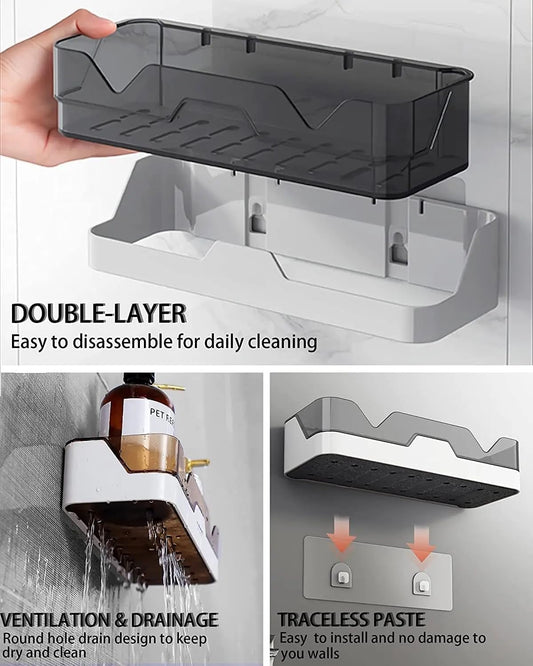 Pack of 2 Self-Adhesive Plastic Bathroom Rack, Bathroom Shelf Organizer, Wall Mounted Shelf, Bathroom Hardware and Accessories, Storage Racks Kitchen Bathroom Accessories Rack Shelf
