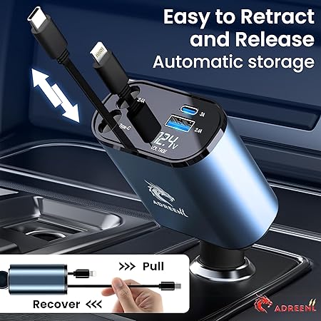 120W  4 in 1 Fast Car Charger  with 80CM Retractable Type-C and Lightning  Charging for 4 Devices – Universal Car Mobile Charger for All Smartphones & Tablets