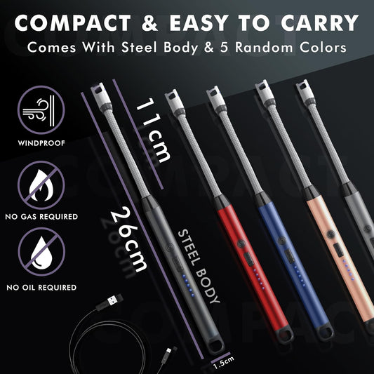Electric Rechargeable Plasma Gas Lighter for Kitchen, Lighter for Gas Stove, Candles, Pooja, 1 Year Warranty, C-Type USB, Kitchen Tools, Multi Purpose - 360° Flexible & Windproof, Multi-Color