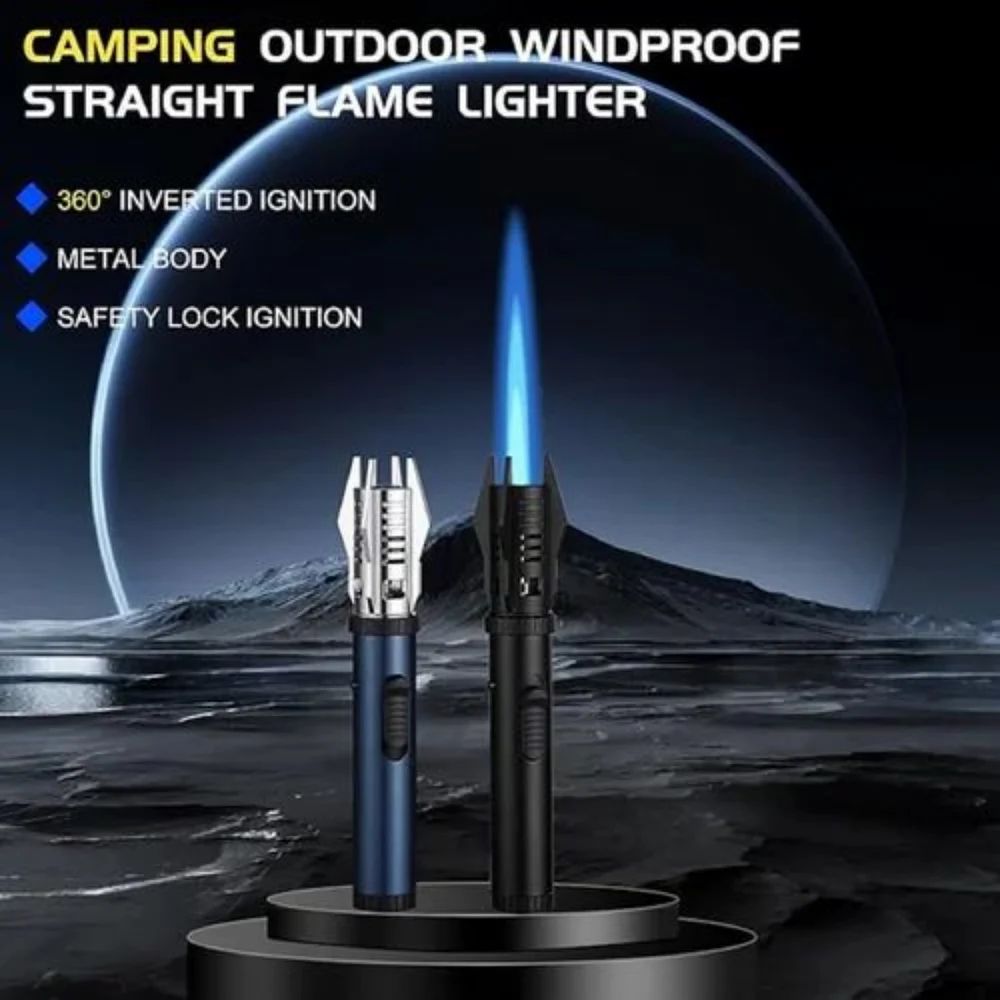 Bright Fire Lighter with Safety Lock & Adjustable Red/Blue Flame. Refillable Butane Gas Windproof Jet Flame Cool Lighters, for Candles Campfires BBQ Baking, Camping