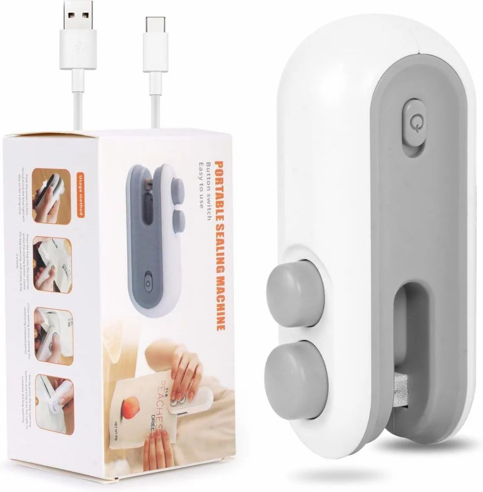 Portable Mini Sealing Machine, Handheld Packet Sealer for Food, Snacks, Chips, Fresh Storage, Plastic Bags Sealing Machine, 1 Year Warranty (White).