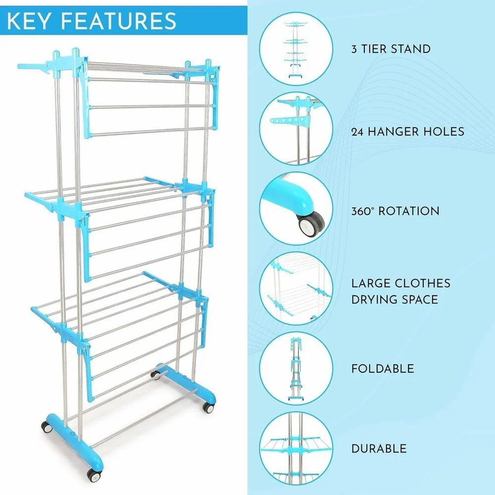 Stainless Steel 4 Tier Big Clothes Drying Stand/Foldable Laundry Rack/Cloth Dryer/Hanger for Clothing/Outdoor/Indoor/Balcony Space Saver for Home (Blue)