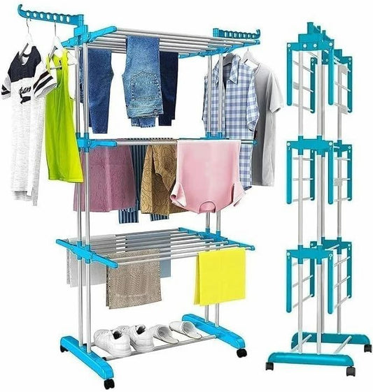 Stainless Steel 4 Tier Big Clothes Drying Stand/Foldable Laundry Rack/Cloth Dryer/Hanger for Clothing/Outdoor/Indoor/Balcony Space Saver for Home (Blue)